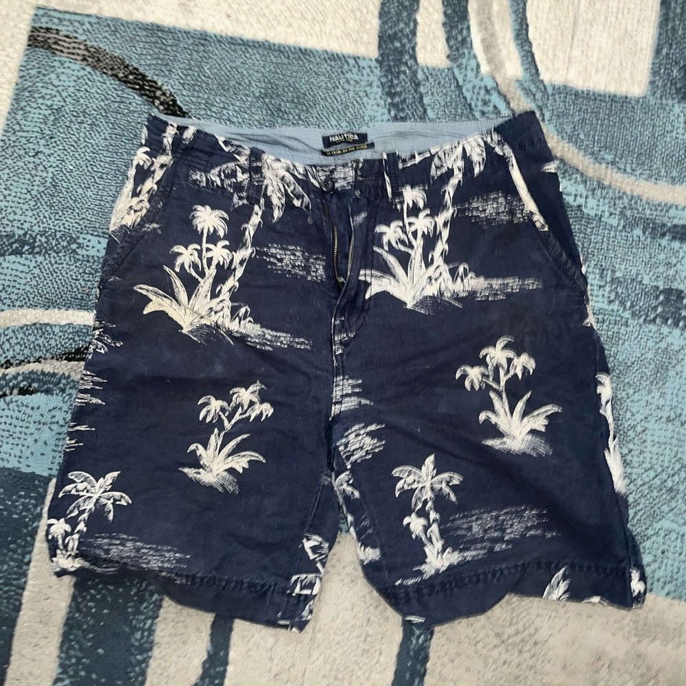 Navy Blue Tropical Print Shorts